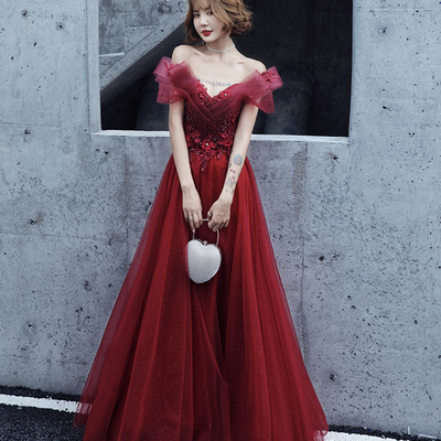 Burgundy tulle lace long prom dress evening dress - Thumbnail 2