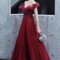 Burgundy tulle lace long prom dress evening dress - Thumbnail 1