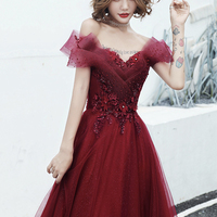 Burgundy tulle lace long prom dress evening dress - Thumbnail 3