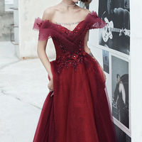 Burgundy tulle lace long prom dress evening dress - Thumbnail 4