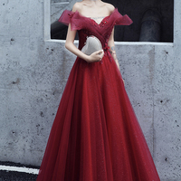 Burgundy tulle lace long prom dress evening dress - Thumbnail 5