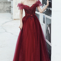 Burgundy tulle lace long prom dress evening dress - Thumbnail 6