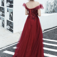 Burgundy tulle lace long prom dress evening dress - Thumbnail 7