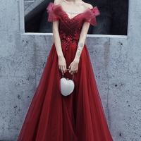 Burgundy tulle lace long prom dress evening dress - Thumbnail 8