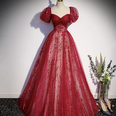 Burgundy tulle sequins long prom dress evening dress - Thumbnail 1