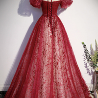 Burgundy tulle sequins long prom dress evening dress - Thumbnail 3