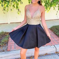 SP2175,Gold applique top homecoming dresses,spaghetti straps a-line short prom dresses,black junior prom dresses - Thumbnail 1