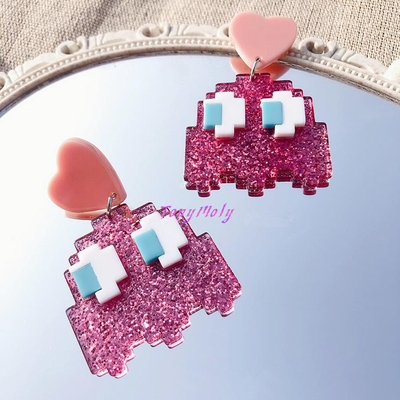 Kawaii pixel pink heart dangle earrings