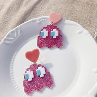 Kawaii Pixel Pink Heart Dangle Earrings - Thumbnail 2