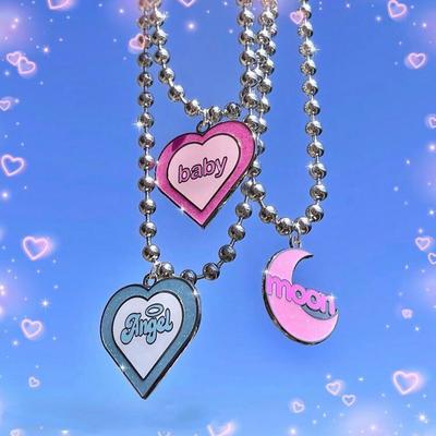 Pastel color moon heart pendant beaded necklace