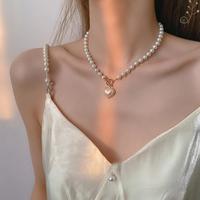 Crystal Heart Pendant Pearl Beaded Necklace - Thumbnail 1