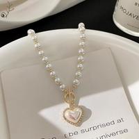 Crystal Heart Pendant Pearl Beaded Necklace - Thumbnail 4