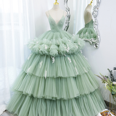 Green tulle long prom dress a line evening gown - Thumbnail 1