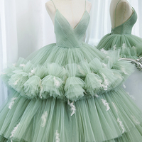 Green tulle long prom dress A line evening gown - Thumbnail 1