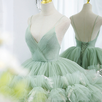 Green tulle long prom dress A line evening gown - Thumbnail 2