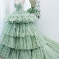 Green tulle long prom dress A line evening gown - Thumbnail 3