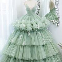 Green tulle long prom dress A line evening gown - Thumbnail 5