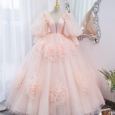 Pink v neck tulle long prom dress pink evening gown - Thumbnail 1