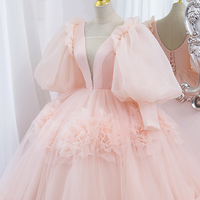 Pink v neck tulle long prom dress pink evening gown - Thumbnail 1
