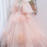 Pink v neck tulle long prom dress pink evening gown - Thumbnail 2
