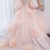 Pink v neck tulle long prom dress pink evening gown - Thumbnail 3