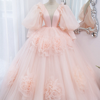 Pink v neck tulle long prom dress pink evening gown - Thumbnail 4