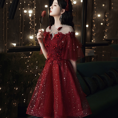 Burgundy lace short prom dress homecoming dress - Thumbnail 1