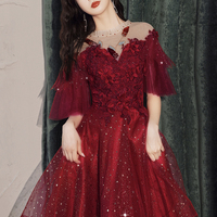 Burgundy lace short prom dress homecoming dress - Thumbnail 1