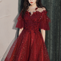 Burgundy lace short prom dress homecoming dress - Thumbnail 3