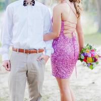 SP2188,Neon Pink Sequin Lace-up Back Bodycon Mini Dress - Thumbnail 2