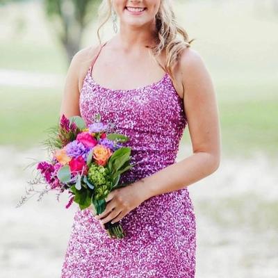 Sp2188,neon pink sequin lace-up back bodycon mini dress - Thumbnail 2