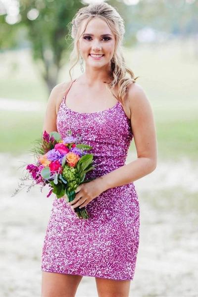 SP2188,Neon Pink Sequin Lace-up Back Bodycon Mini Dress