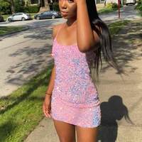 SP2189,Discount Spaghetti Straps Pink Sequins Bodycon Homecoming Dress - Thumbnail 1
