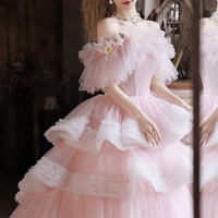 Pink Tulle Long Prom Dress Pink Evening Gown - Thumbnail 1