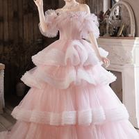 Pink Tulle Long Prom Dress Pink Evening Gown - Thumbnail 2