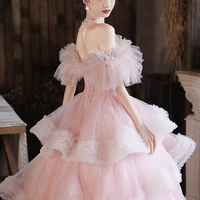 Pink Tulle Long Prom Dress Pink Evening Gown - Thumbnail 3