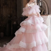 Pink Tulle Long Prom Dress Pink Evening Gown - Thumbnail 6