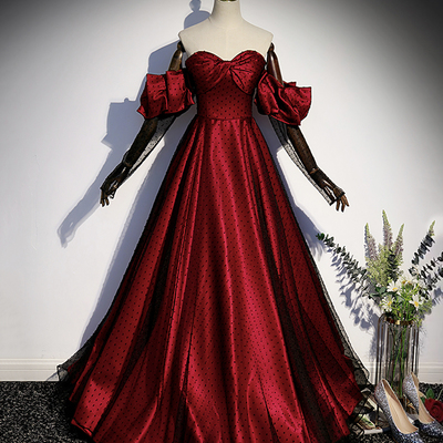 Burgundy satin tulle long prom dress evening dress - Thumbnail 1