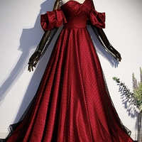 Burgundy Satin Tulle Long Prom Dress Evening Dress - Thumbnail 1