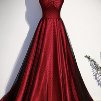 Burgundy Satin Tulle Long Prom Dress Evening Dress - Thumbnail 3