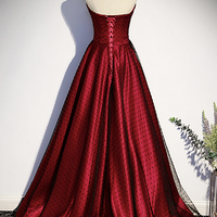 Burgundy Satin Tulle Long Prom Dress Evening Dress - Thumbnail 4