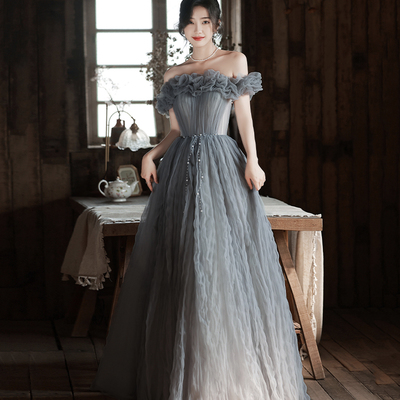 Gray tulle long prom dress a line evening dress - Thumbnail 2