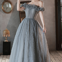 Gray tulle long prom dress A line evening dress - Thumbnail 1
