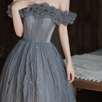 Gray tulle long prom dress A line evening dress - Thumbnail 2