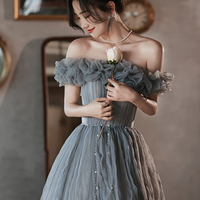 Gray tulle long prom dress A line evening dress - Thumbnail 3