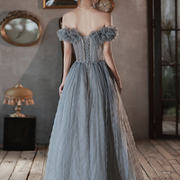 Gray tulle long prom dress A line evening dress - Thumbnail 4