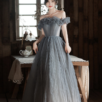 Gray tulle long prom dress A line evening dress - Thumbnail 5