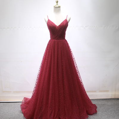 Burgundy tulle long prom dress a line evening dress - Thumbnail 4