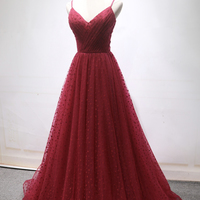 Burgundy tulle long prom dress A line evening dress - Thumbnail 1