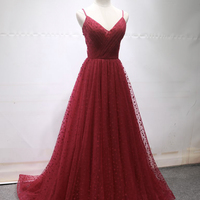 Burgundy tulle long prom dress A line evening dress - Thumbnail 2